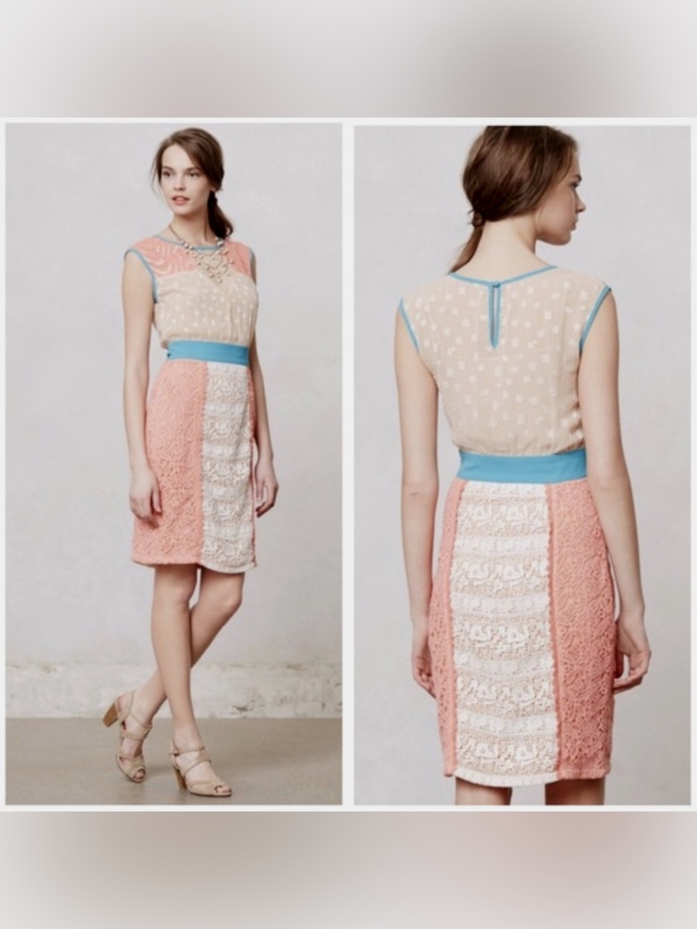 Anthropologie Champagne & Strawberry "Ephemere" coral, cream & teal dress